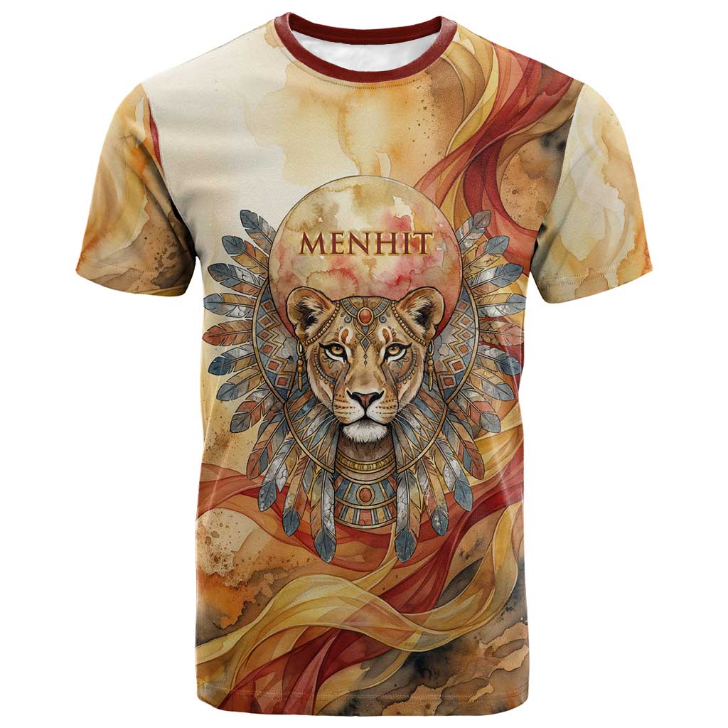 Menhit T shirt Lioness Warrior Goddess Uraeus Serpent Fire and Feathers Ancient Egyptian