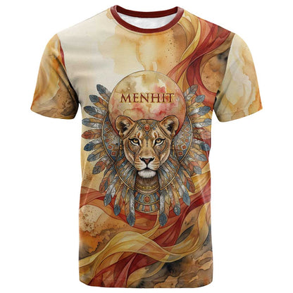 Menhit T shirt Lioness Warrior Goddess Uraeus Serpent Fire and Feathers Ancient Egyptian