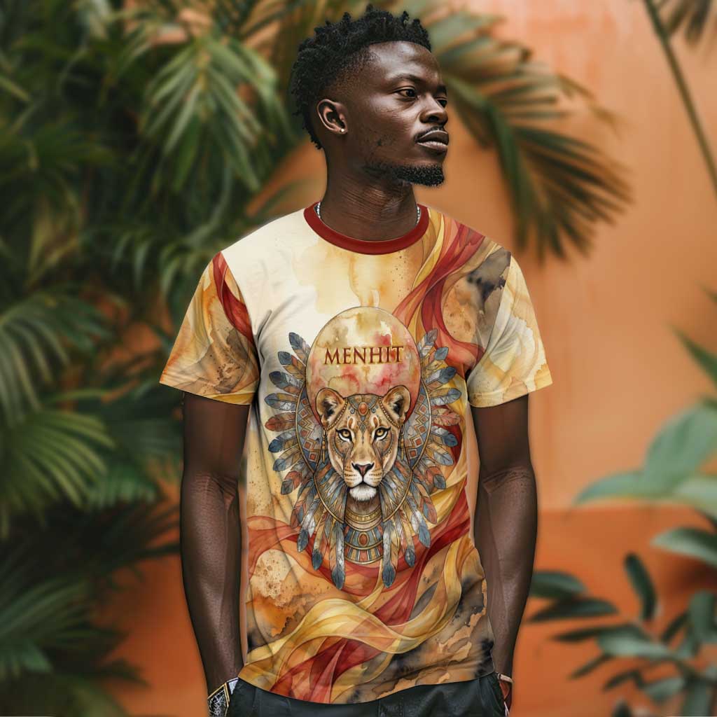 Menhit T shirt Lioness Warrior Goddess Uraeus Serpent Fire and Feathers Ancient Egyptian
