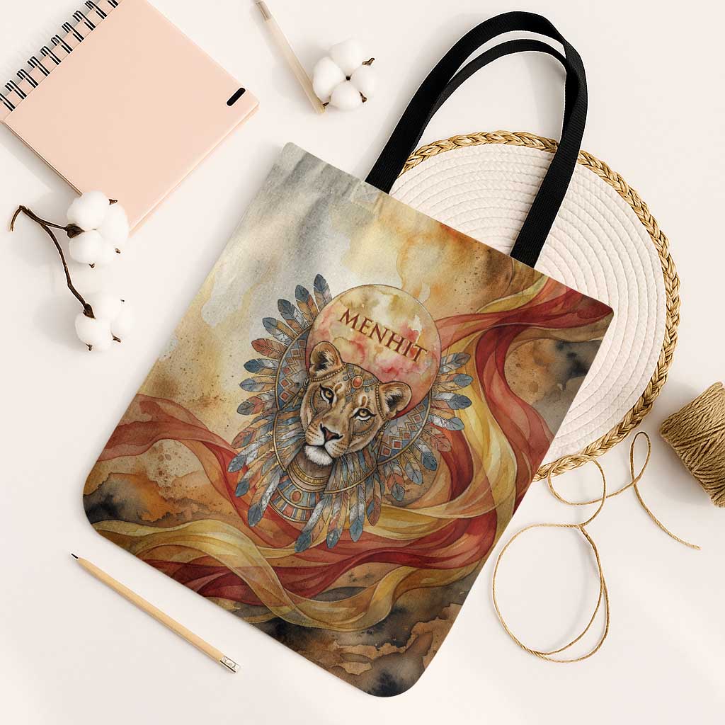 Menhit Tote Bag Lioness Warrior Goddess Uraeus Serpent Fire and Feathers Ancient Egyptian