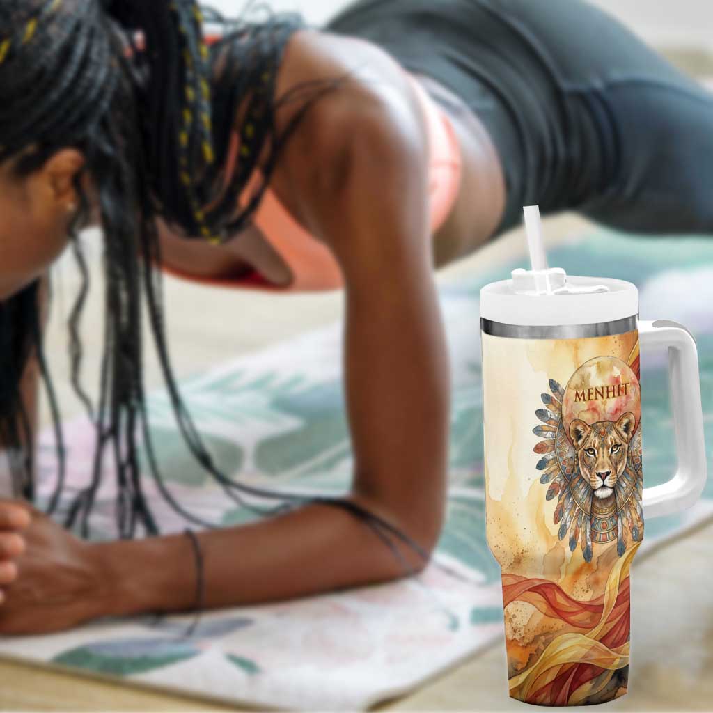 Menhit Tumbler With Handle Lioness Warrior Goddess Uraeus Serpent Fire and Feathers Ancient Egyptian