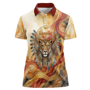 Menhit Women Polo Shirt Lioness Warrior Goddess Uraeus Serpent Fire and Feathers Ancient Egyptian