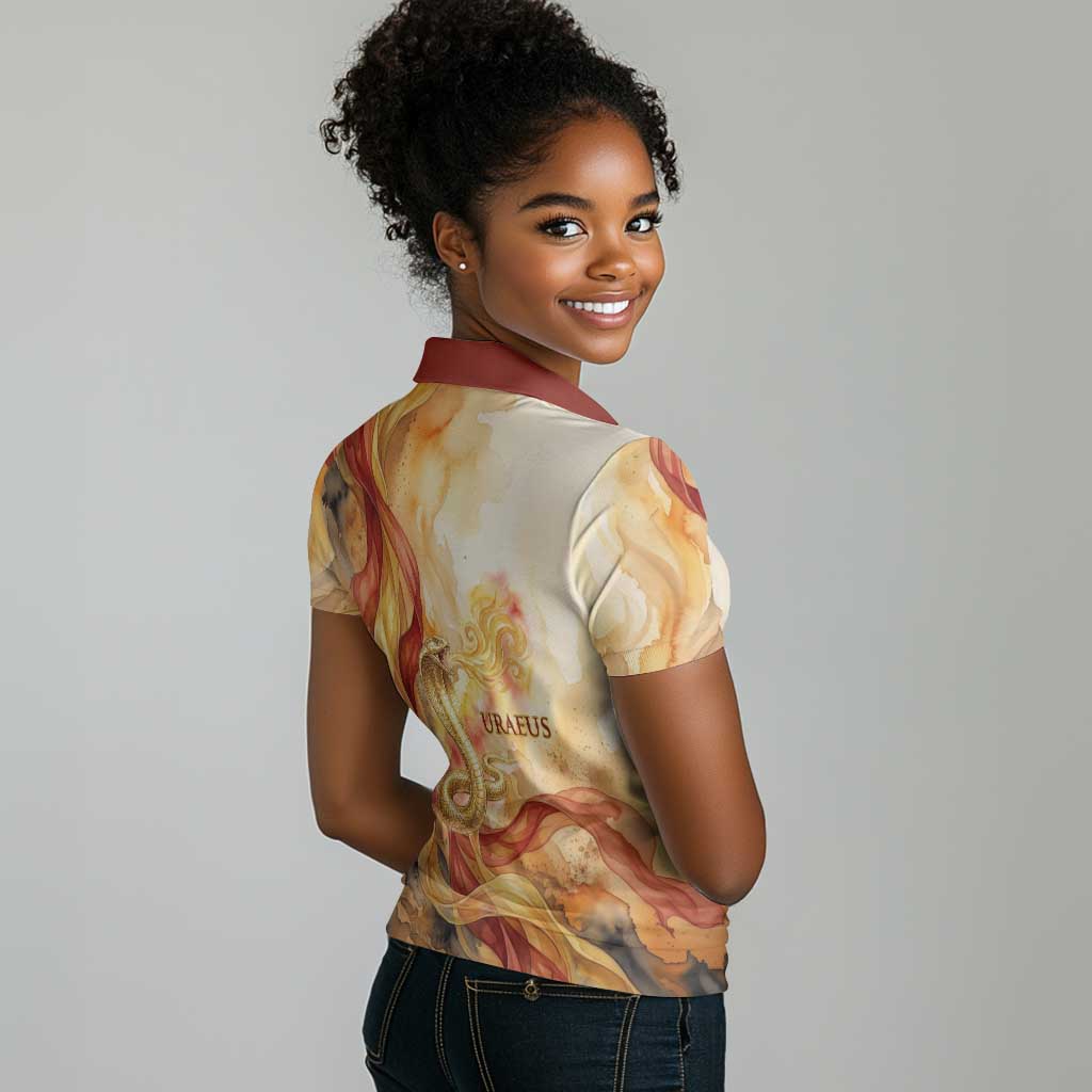 Menhit Women Polo Shirt Lioness Warrior Goddess Uraeus Serpent Fire and Feathers Ancient Egyptian