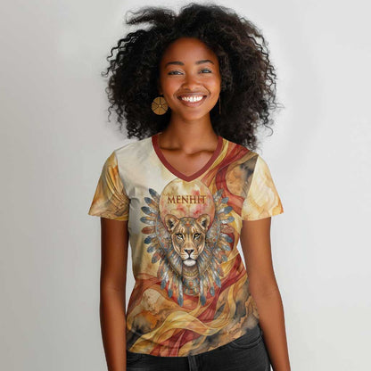 Menhit Women V-Neck T-Shirt Lioness Warrior Goddess Uraeus Serpent Fire and Feathers Ancient Egyptian