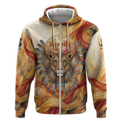 Menhit Zip Hoodie Lioness Warrior Goddess Uraeus Serpent Fire and Feathers Ancient Egyptian