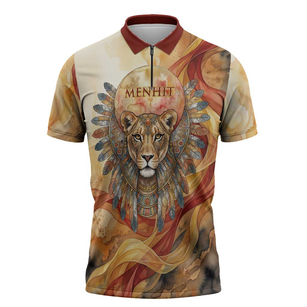 Menhit Zipper Polo Shirt Lioness Warrior Goddess Uraeus Serpent Fire and Feathers Ancient Egyptian