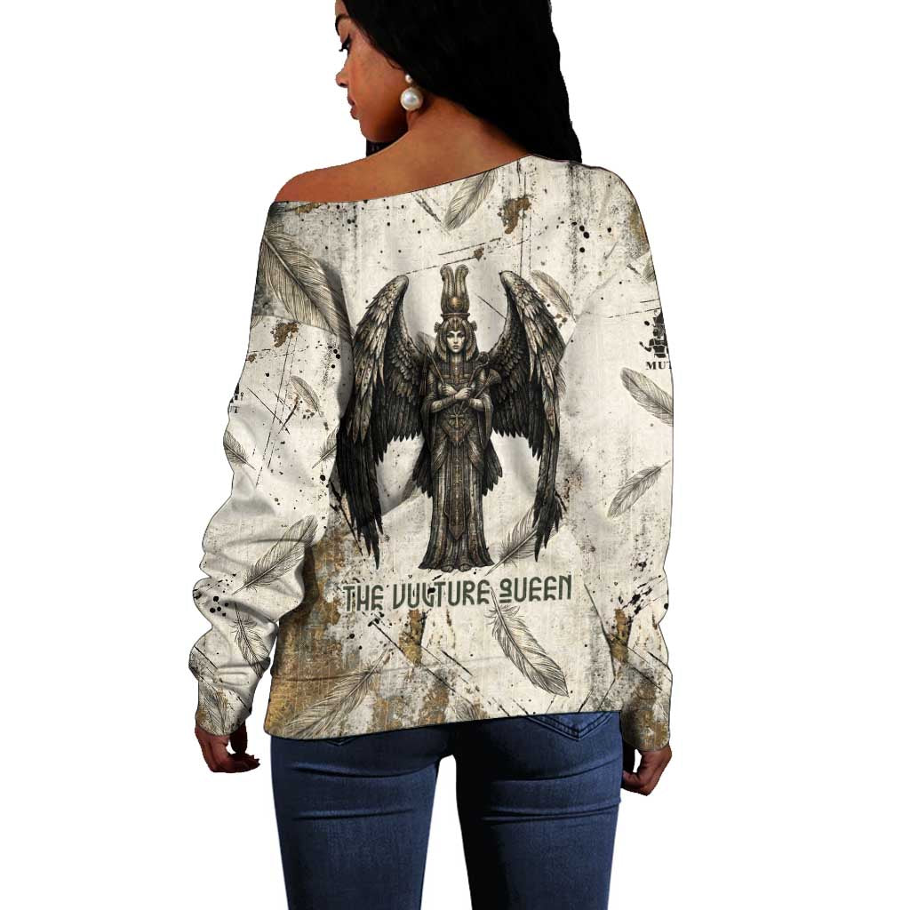 Mut Off Shoulder Sweater Vulture Queen Egyptian Mother Goddess Wings Feathers