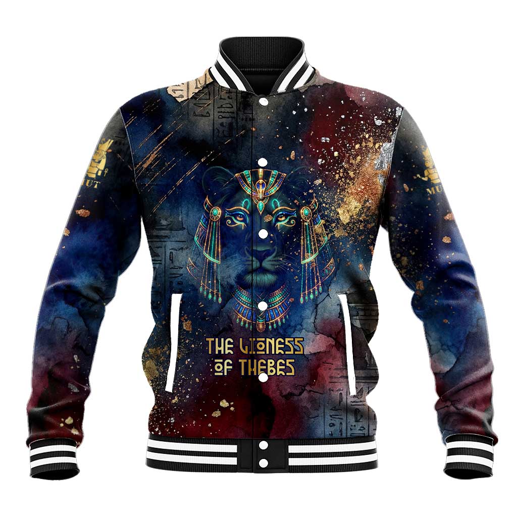 Mut Baseball Jacket The Lioness of Thebes Egyptian Goddess Cosmic Crown Adorned Warrior Queen Design