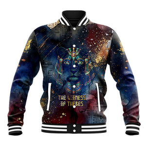 Mut Baseball Jacket The Lioness of Thebes Egyptian Goddess Cosmic Crown Adorned Warrior Queen Design