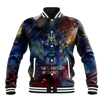 Mut Baseball Jacket The Lioness of Thebes Egyptian Goddess Cosmic Crown Adorned Warrior Queen Design
