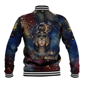 Mut Baseball Jacket The Lioness of Thebes Egyptian Goddess Cosmic Crown Adorned Warrior Queen Design