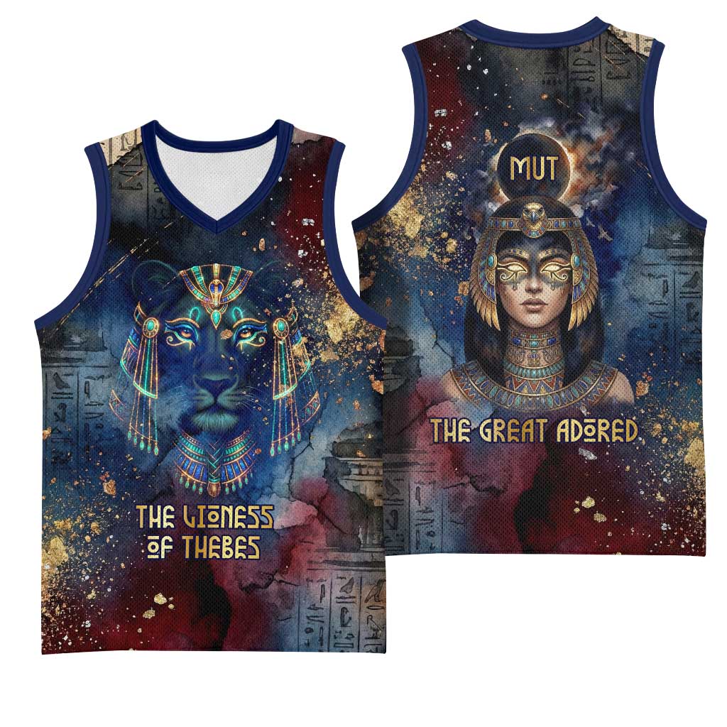 Mut Basketball Jersey The Lioness of Thebes Egyptian Goddess Cosmic Crown Adorned Warrior Queen Design