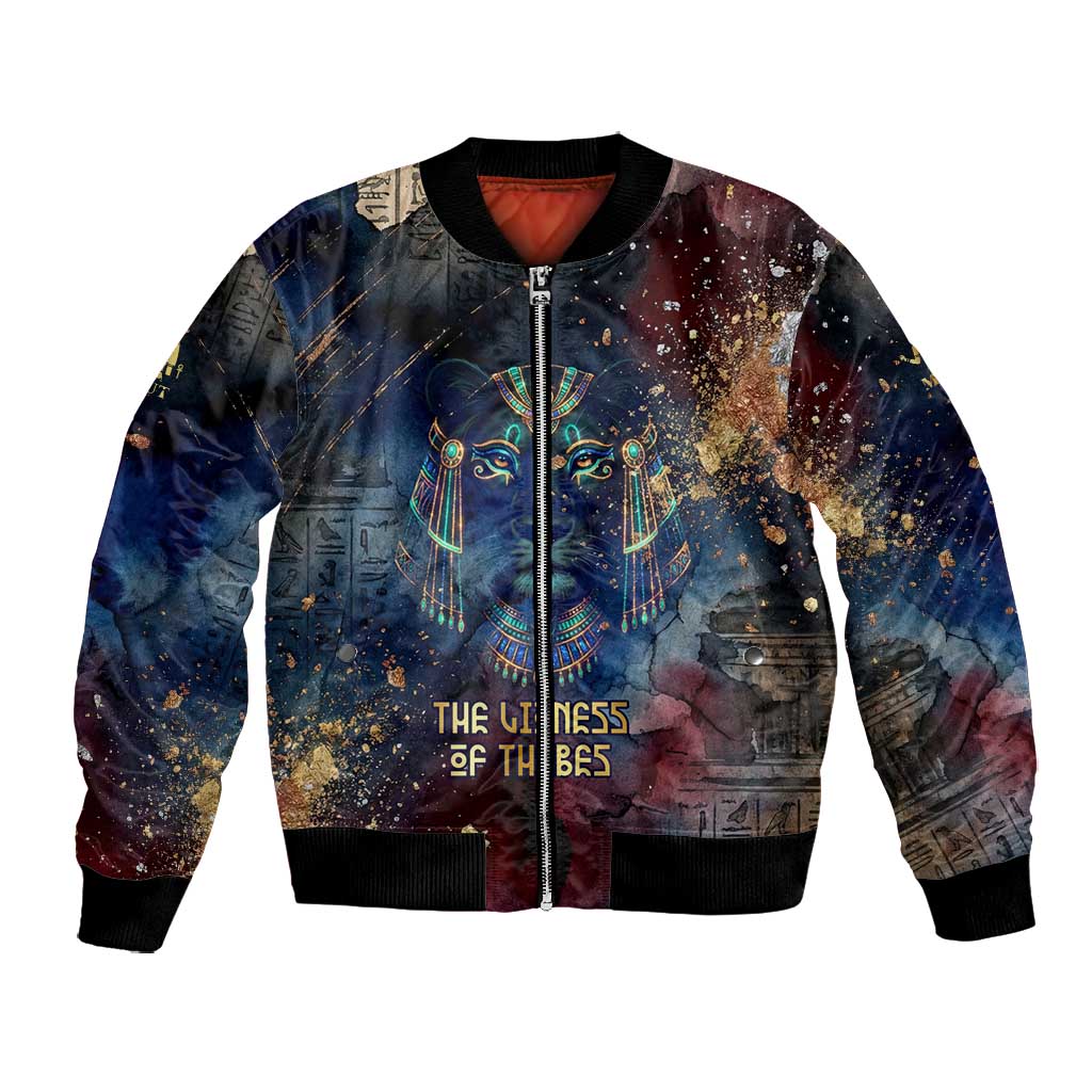 Mut Bomber Jacket The Lioness of Thebes Egyptian Goddess Cosmic Crown Adorned Warrior Queen Design