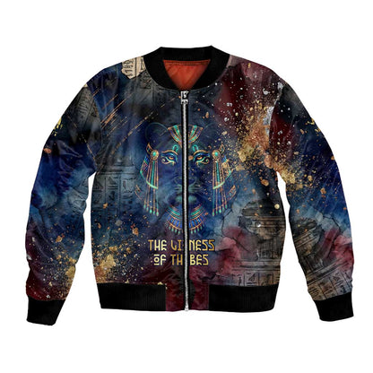 Mut Bomber Jacket The Lioness of Thebes Egyptian Goddess Cosmic Crown Adorned Warrior Queen Design