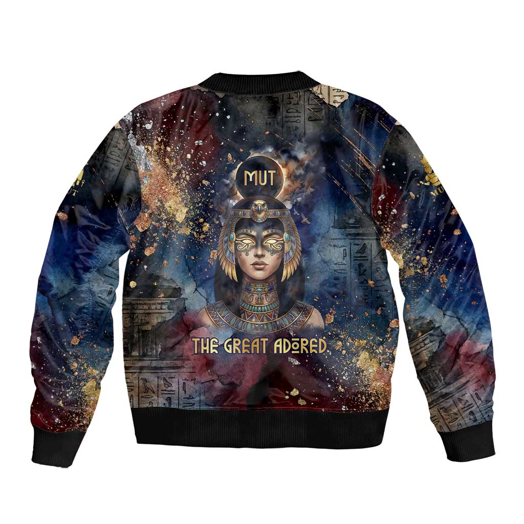Mut Bomber Jacket The Lioness of Thebes Egyptian Goddess Cosmic Crown Adorned Warrior Queen Design