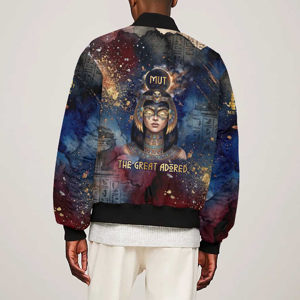 Mut Bomber Jacket The Lioness of Thebes Egyptian Goddess Cosmic Crown Adorned Warrior Queen Design