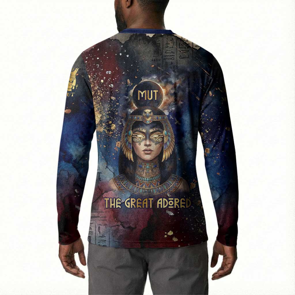 Mut Button Sweatshirt The Lioness of Thebes Egyptian Goddess Cosmic Crown Adorned Warrior Queen Design