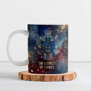 Mut Ceramic Mug The Lioness of Thebes Egyptian Goddess Cosmic Crown Adorned Warrior Queen Design