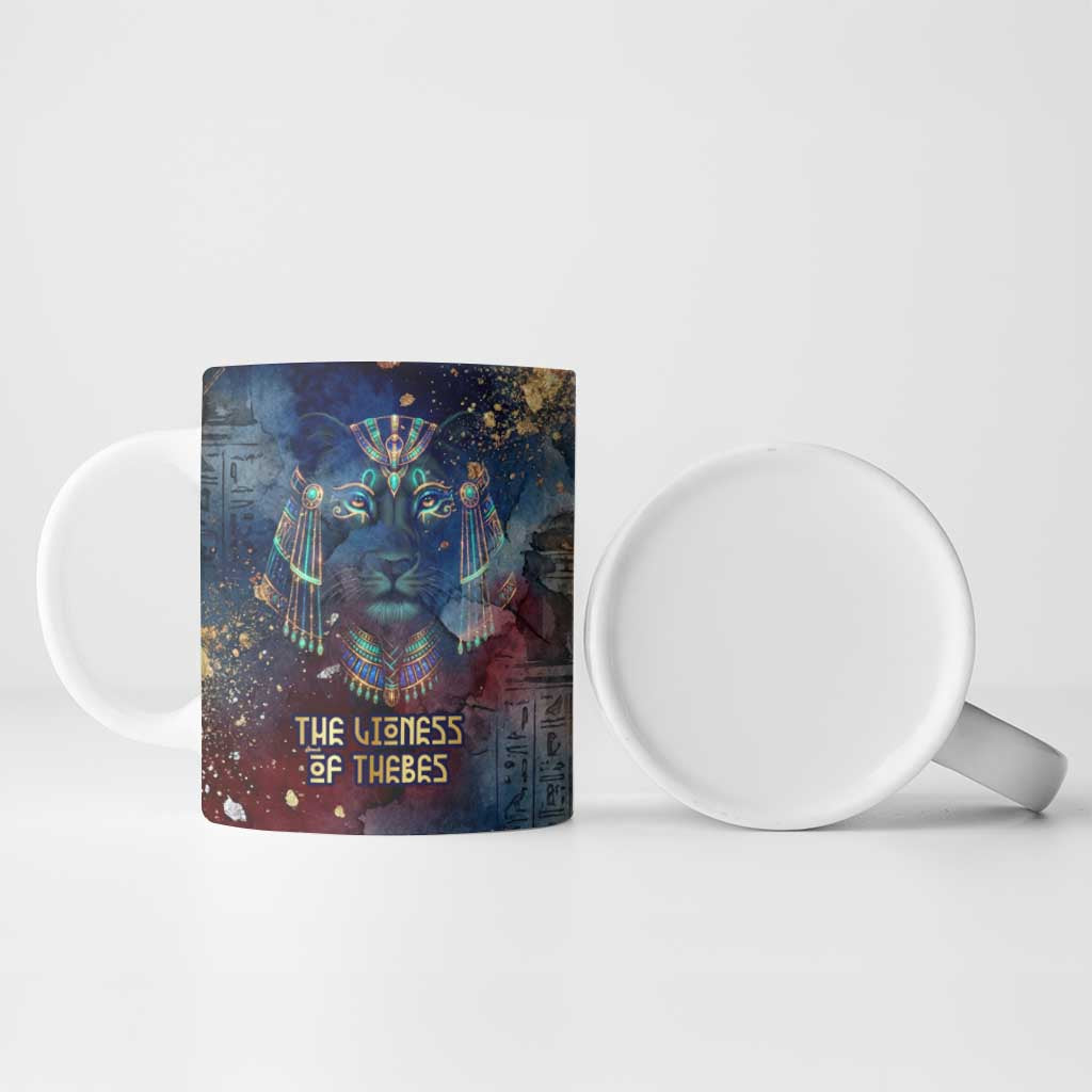 Mut Ceramic Mug The Lioness of Thebes Egyptian Goddess Cosmic Crown Adorned Warrior Queen Design