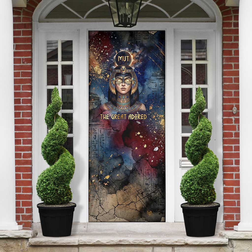 Mut Door Cover The Lioness of Thebes Egyptian Goddess Cosmic Crown Adorned Warrior Queen Design