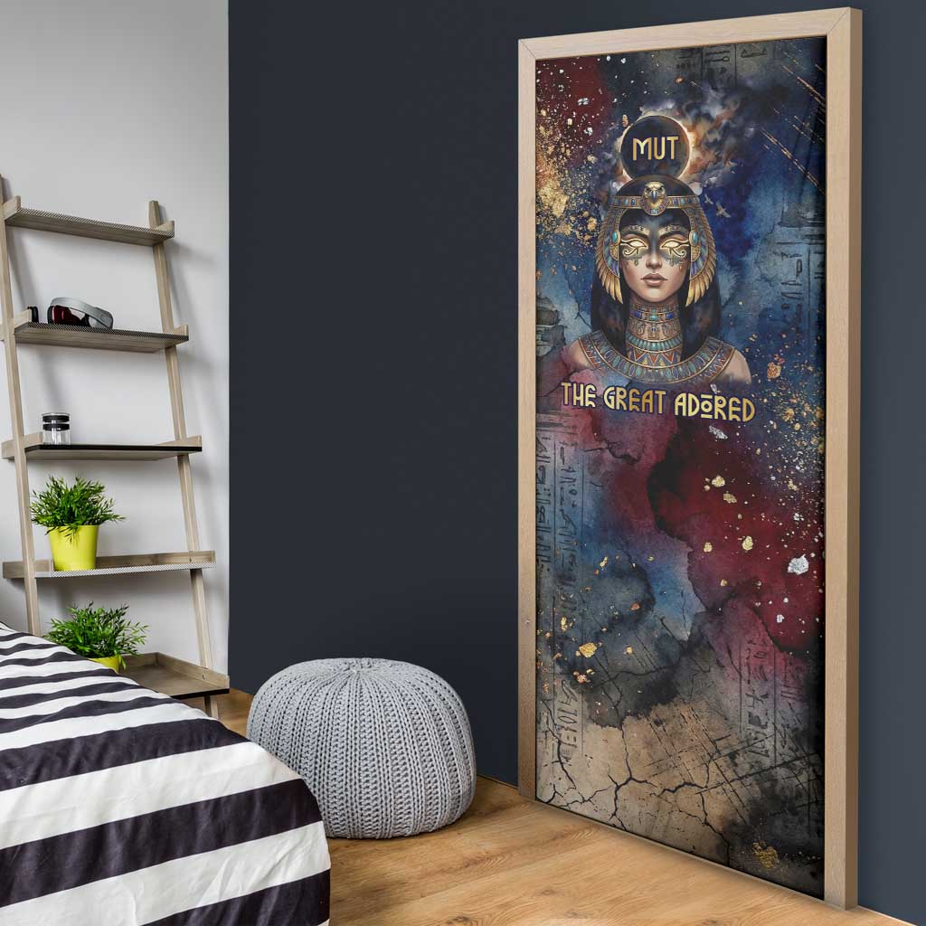 Mut Door Cover The Lioness of Thebes Egyptian Goddess Cosmic Crown Adorned Warrior Queen Design