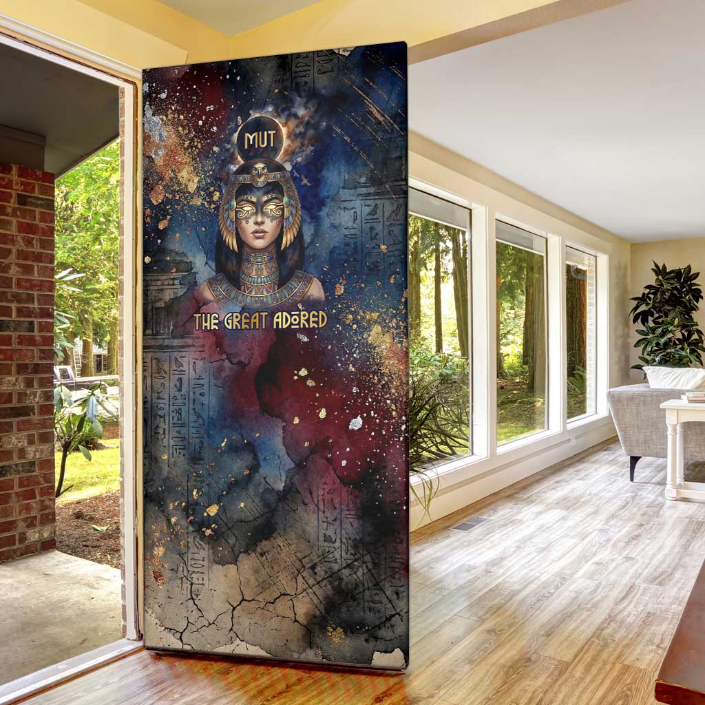 Mut Door Cover The Lioness of Thebes Egyptian Goddess Cosmic Crown Adorned Warrior Queen Design