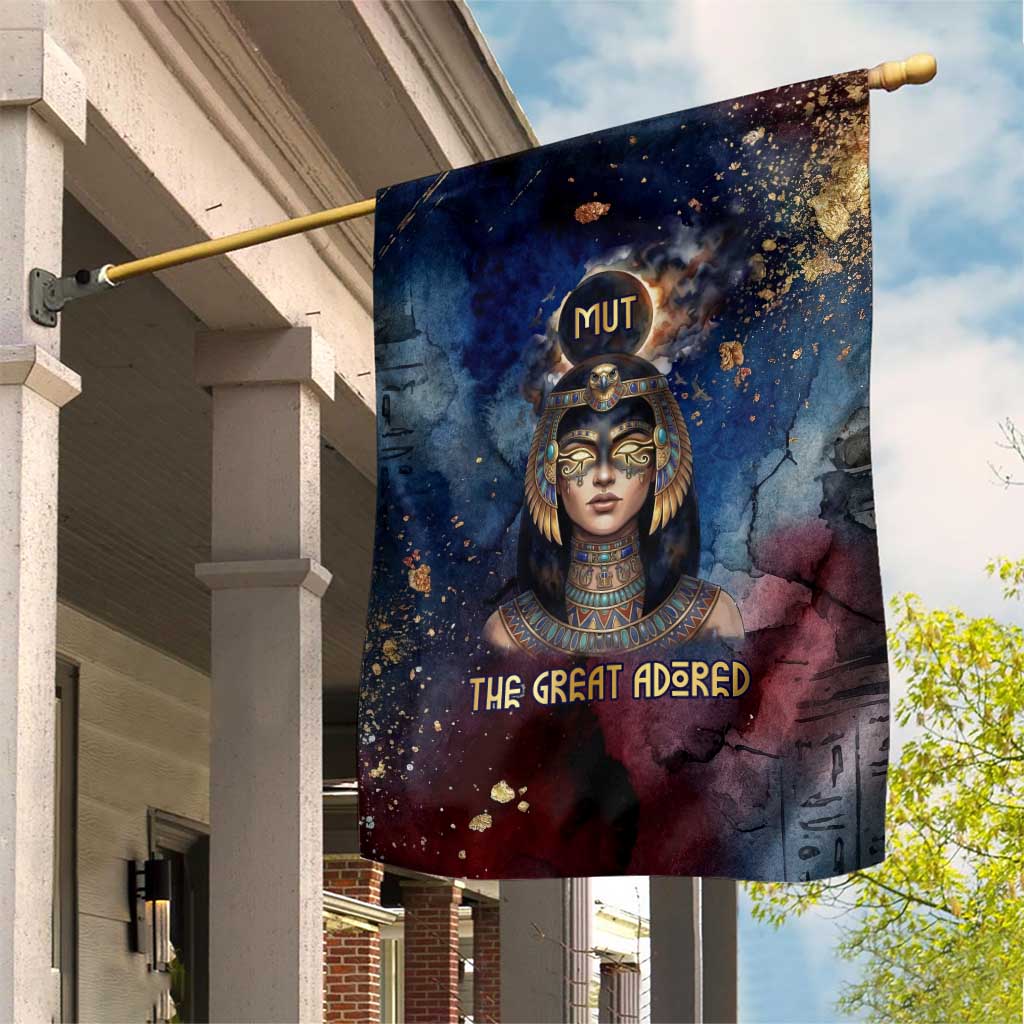 Mut Garden Flag The Lioness of Thebes Egyptian Goddess Cosmic Crown Adorned Warrior Queen Design