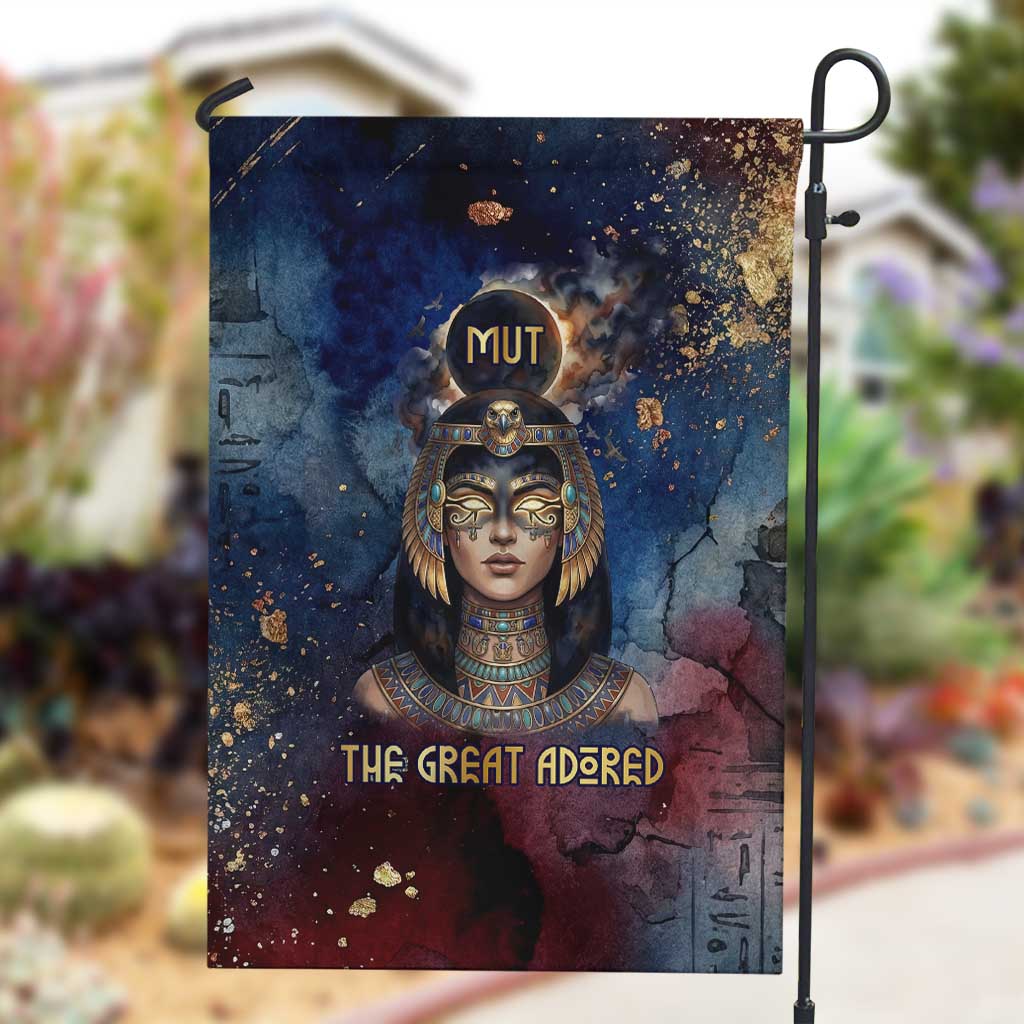 Mut Garden Flag The Lioness of Thebes Egyptian Goddess Cosmic Crown Adorned Warrior Queen Design
