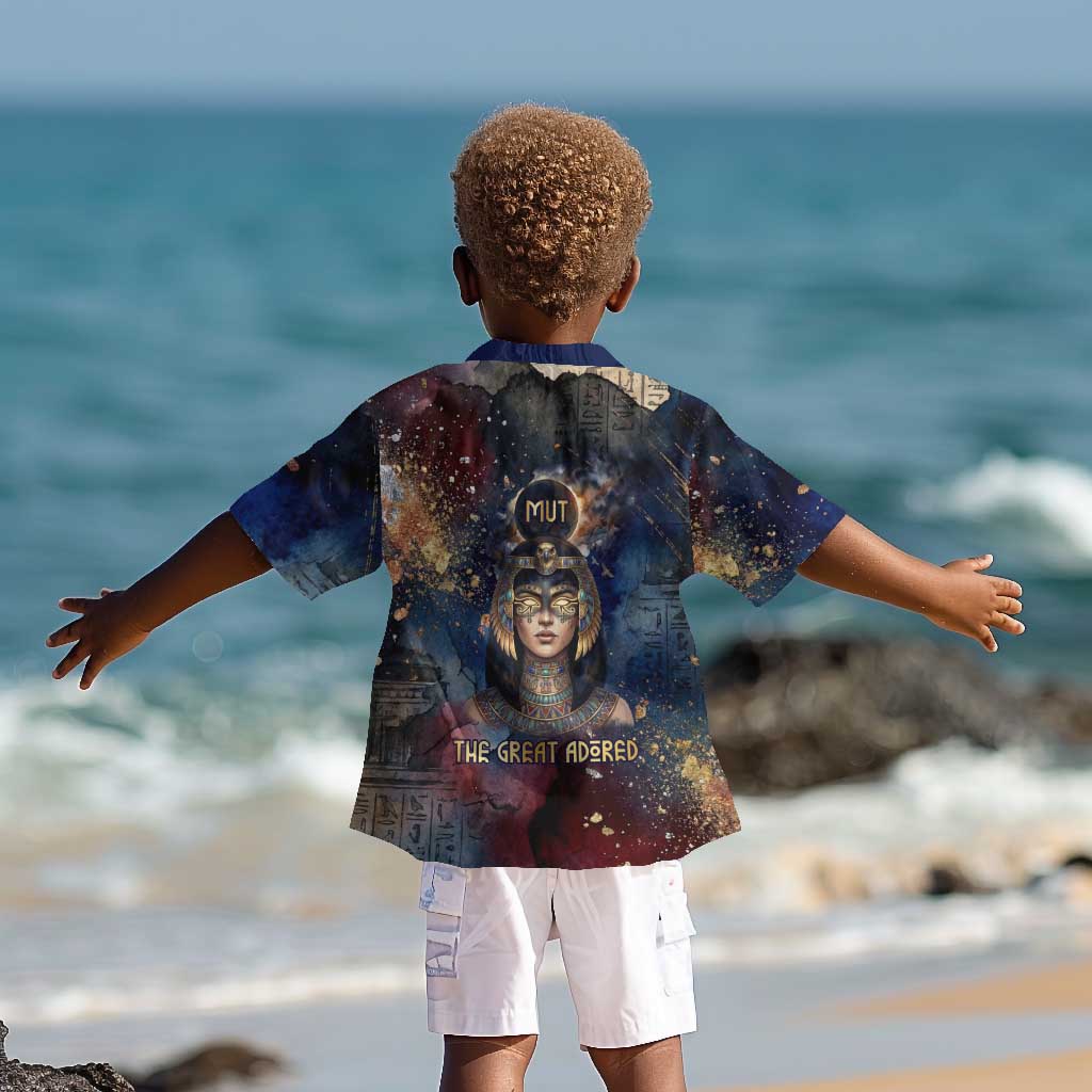 Mut Kid Hawaiian Shirt The Lioness of Thebes Egyptian Goddess Cosmic Crown Adorned Warrior Queen Design