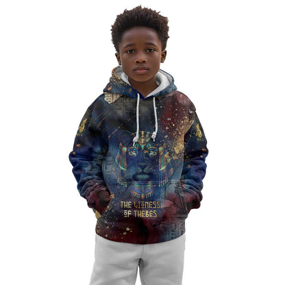 Mut Kid Hoodie The Lioness of Thebes Egyptian Goddess Cosmic Crown Adorned Warrior Queen Design