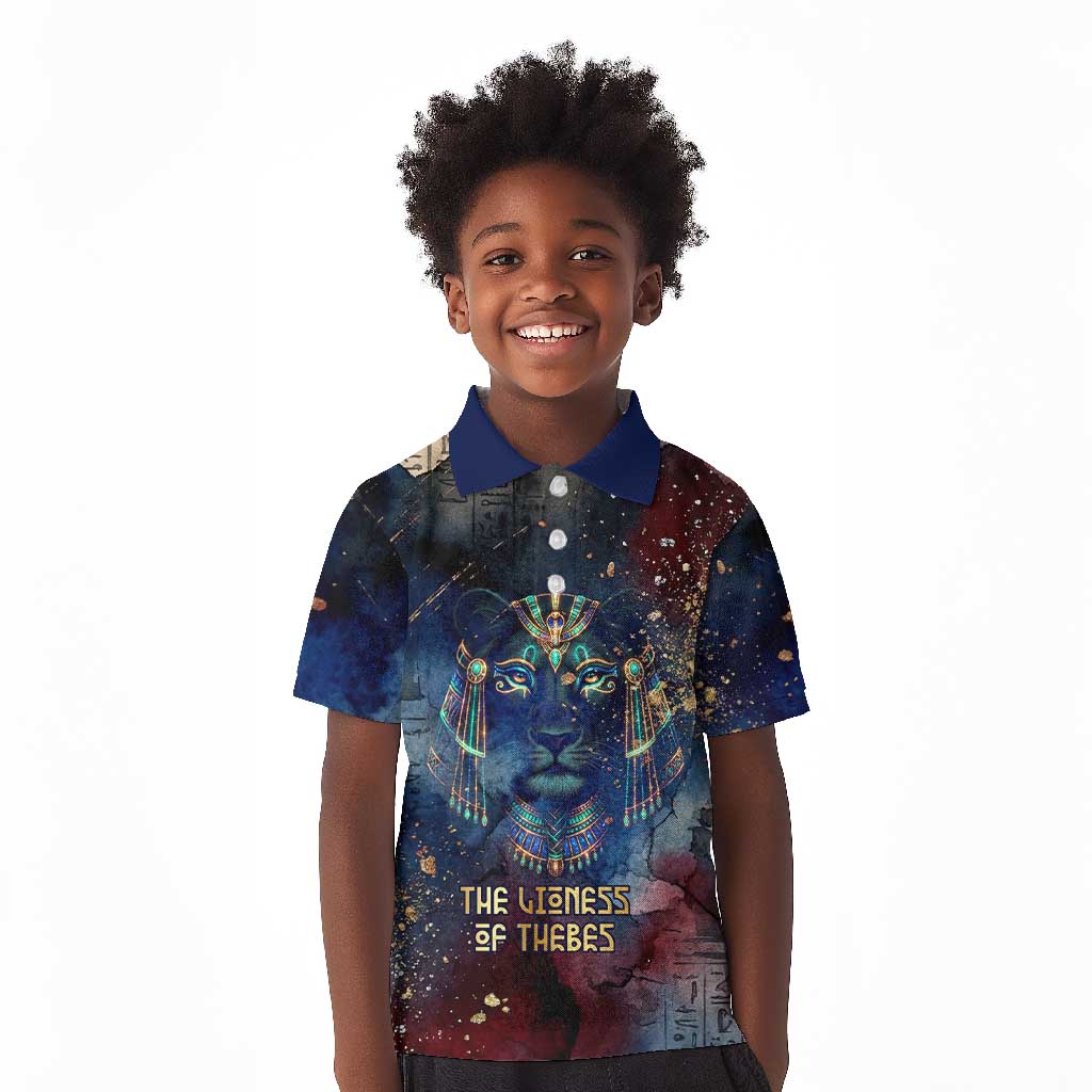 Mut Kid Polo Shirt The Lioness of Thebes Egyptian Goddess Cosmic Crown Adorned Warrior Queen Design