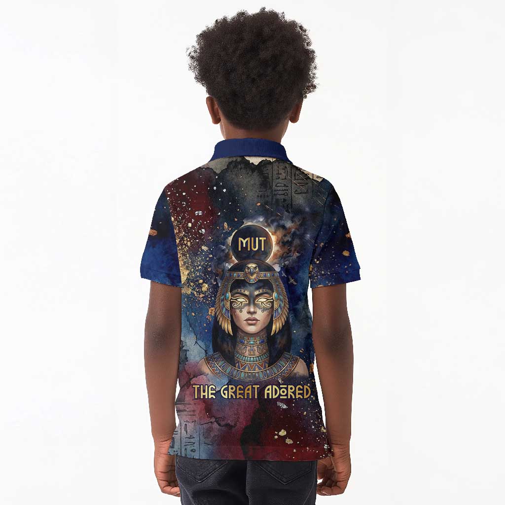 Mut Kid Polo Shirt The Lioness of Thebes Egyptian Goddess Cosmic Crown Adorned Warrior Queen Design