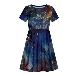 Mut Kid Short Sleeve Dress The Lioness of Thebes Egyptian Goddess Cosmic Crown Adorned Warrior Queen Design