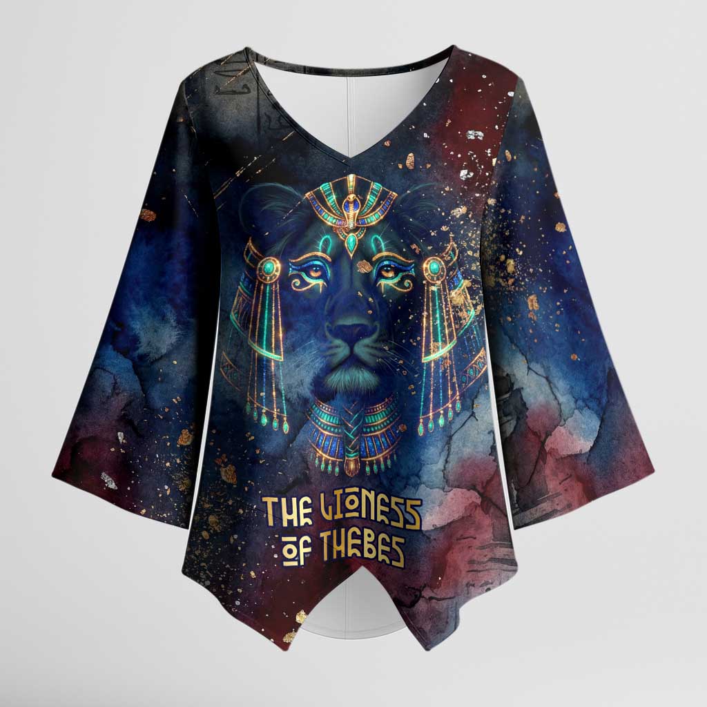 Mut Kimono Sleeve Blouse The Lioness of Thebes Egyptian Goddess Cosmic Crown Adorned Warrior Queen Design