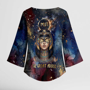 Mut Kimono Sleeve Blouse The Lioness of Thebes Egyptian Goddess Cosmic Crown Adorned Warrior Queen Design
