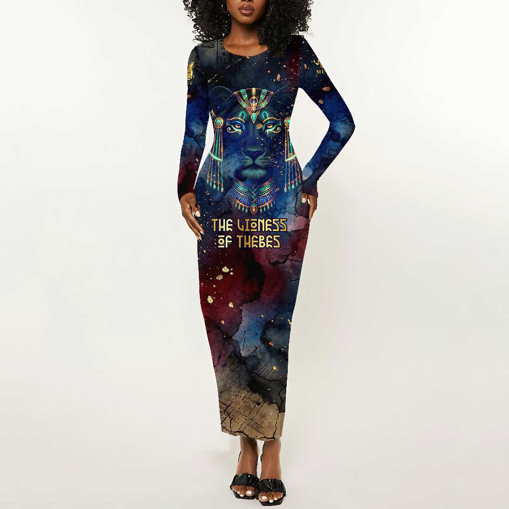 Mut Long Sleeve Bodycon Dress The Lioness of Thebes Egyptian Goddess Cosmic Crown Adorned Warrior Queen Design