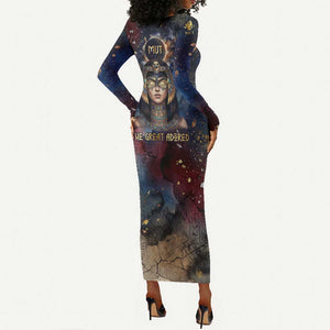 Mut Long Sleeve Bodycon Dress The Lioness of Thebes Egyptian Goddess Cosmic Crown Adorned Warrior Queen Design