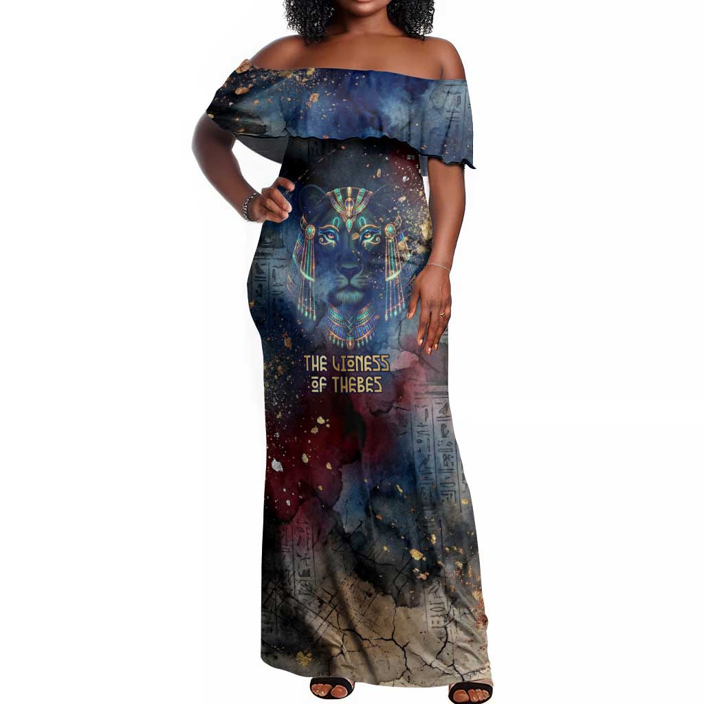 Mut Off Shoulder Maxi Dress The Lioness of Thebes Egyptian Goddess Cosmic Crown Adorned Warrior Queen Design