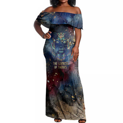 Mut Off Shoulder Maxi Dress The Lioness of Thebes Egyptian Goddess Cosmic Crown Adorned Warrior Queen Design