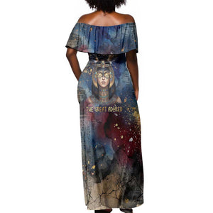 Mut Off Shoulder Maxi Dress The Lioness of Thebes Egyptian Goddess Cosmic Crown Adorned Warrior Queen Design