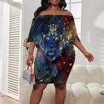 Mut Off Shoulder Short Dress The Lioness of Thebes Egyptian Goddess Cosmic Crown Adorned Warrior Queen Design