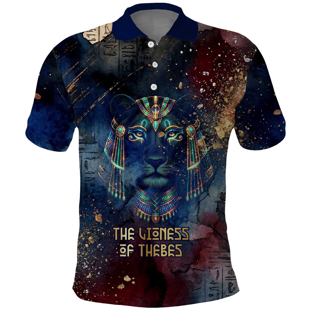 Mut Polo Shirt The Lioness of Thebes Egyptian Goddess Cosmic Crown Adorned Warrior Queen Design