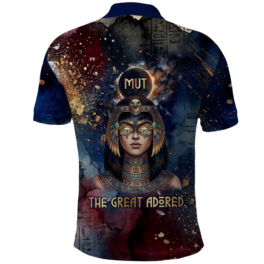 Mut Polo Shirt The Lioness of Thebes Egyptian Goddess Cosmic Crown Adorned Warrior Queen Design