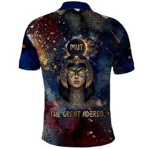Mut Polo Shirt The Lioness of Thebes Egyptian Goddess Cosmic Crown Adorned Warrior Queen Design