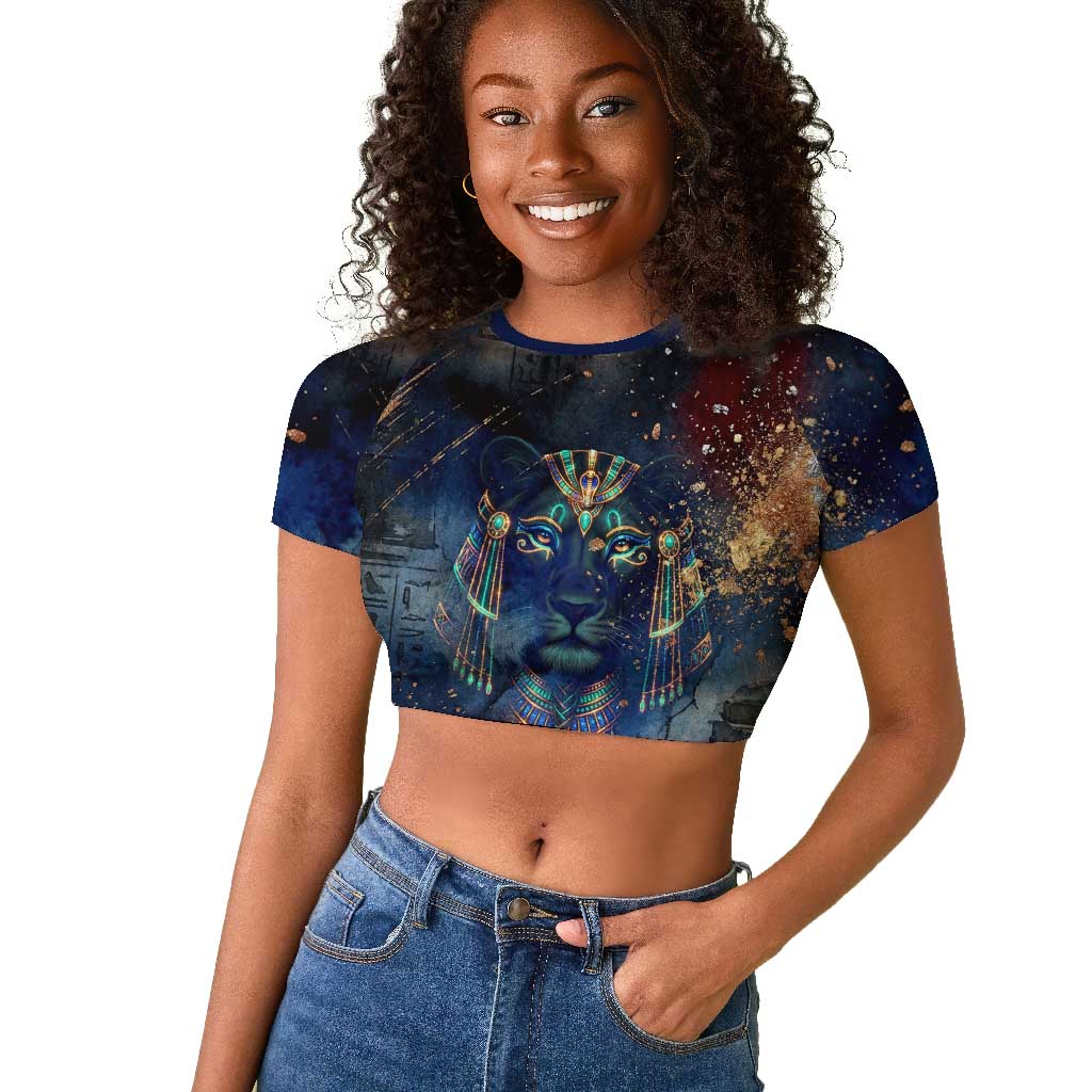 Mut Raglan Cropped T shirt The Lioness of Thebes Egyptian Goddess Cosmic Crown Adorned Warrior Queen Design