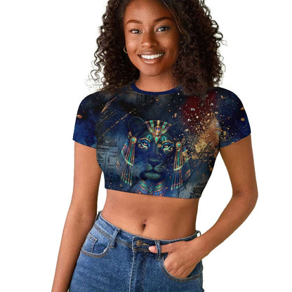 Mut Raglan Cropped T shirt The Lioness of Thebes Egyptian Goddess Cosmic Crown Adorned Warrior Queen Design