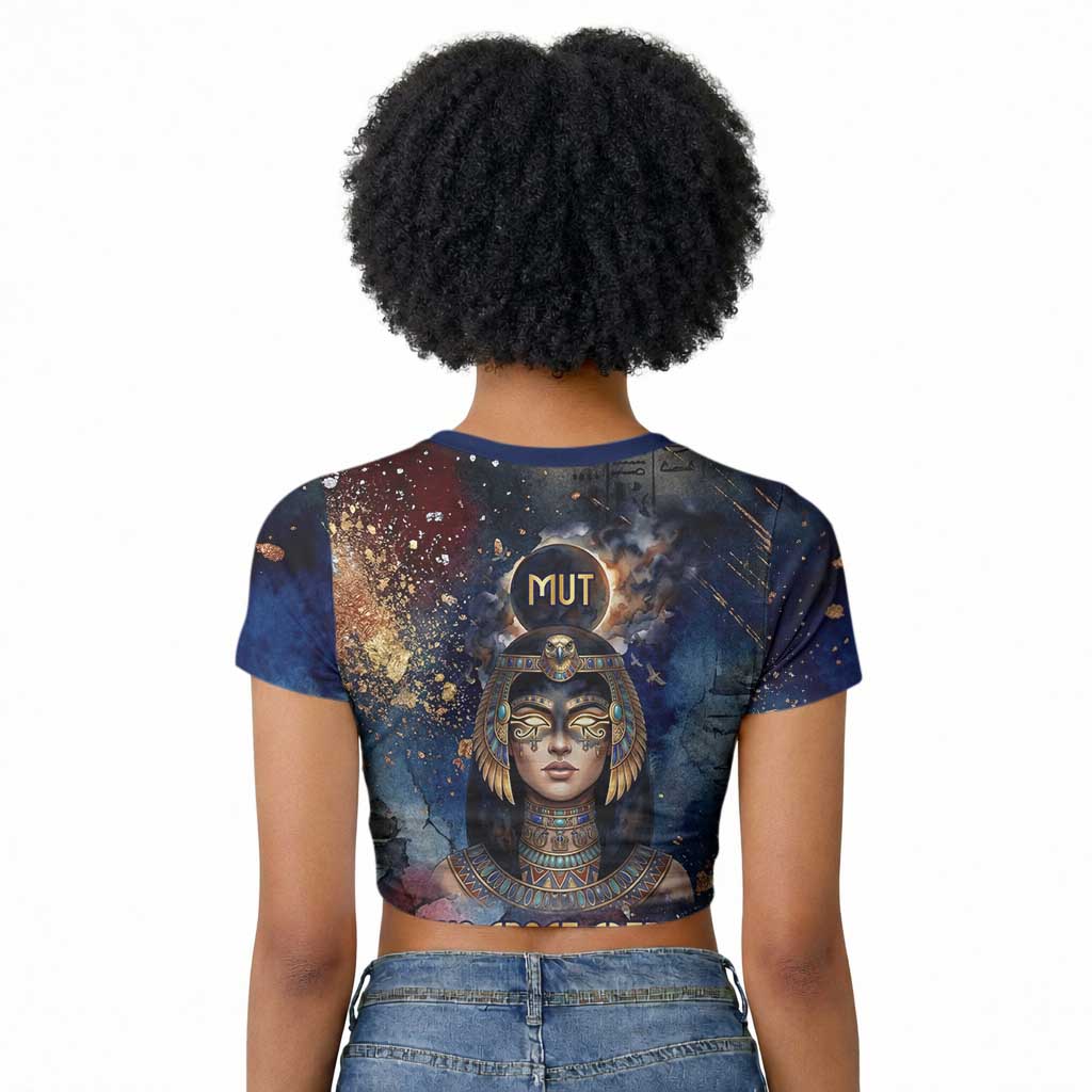 Mut Raglan Cropped T shirt The Lioness of Thebes Egyptian Goddess Cosmic Crown Adorned Warrior Queen Design