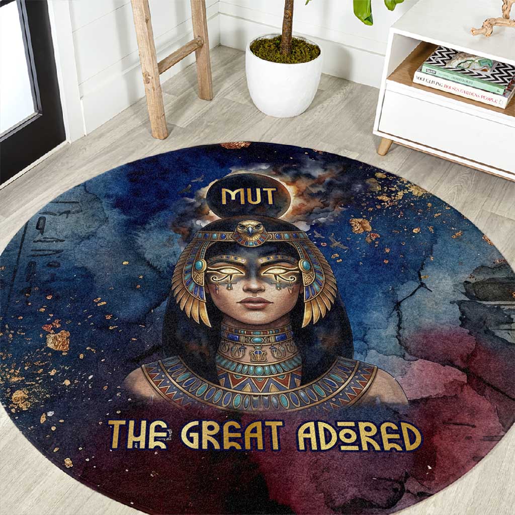 Mut Round Carpet The Lioness of Thebes Egyptian Goddess Cosmic Crown Adorned Warrior Queen Design
