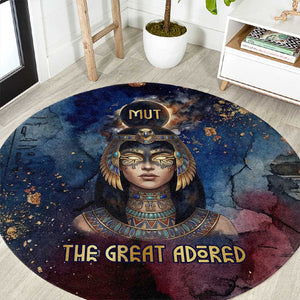 Mut Round Carpet The Lioness of Thebes Egyptian Goddess Cosmic Crown Adorned Warrior Queen Design