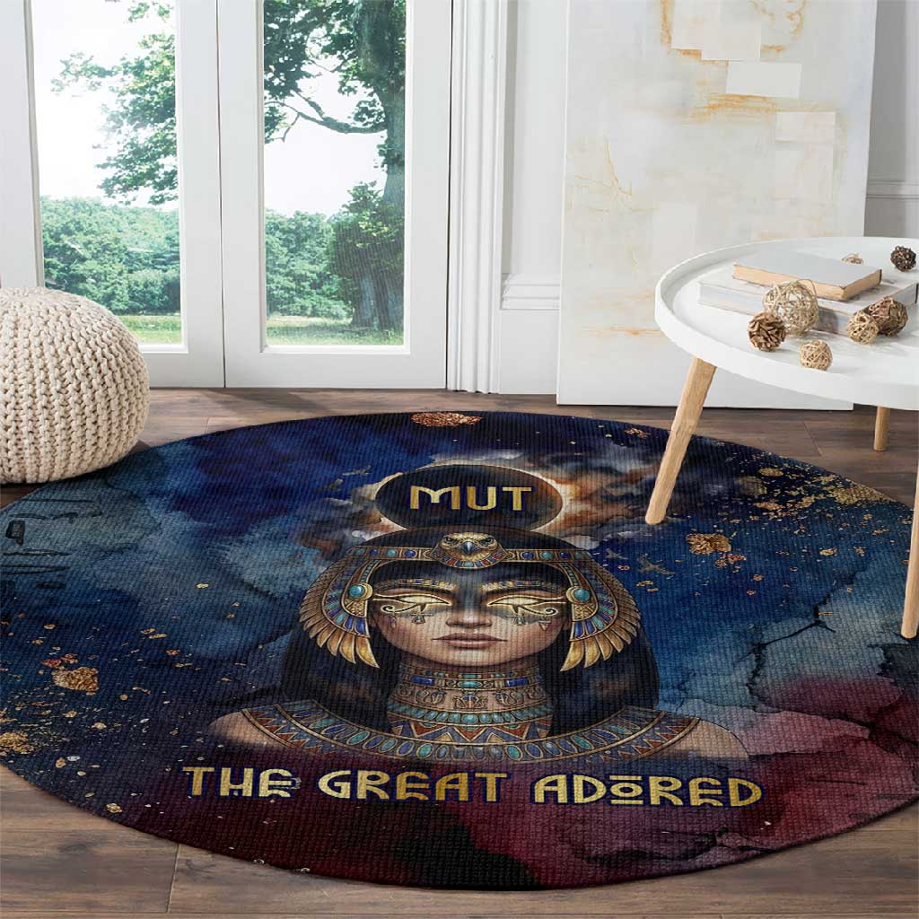 Mut Round Carpet The Lioness of Thebes Egyptian Goddess Cosmic Crown Adorned Warrior Queen Design